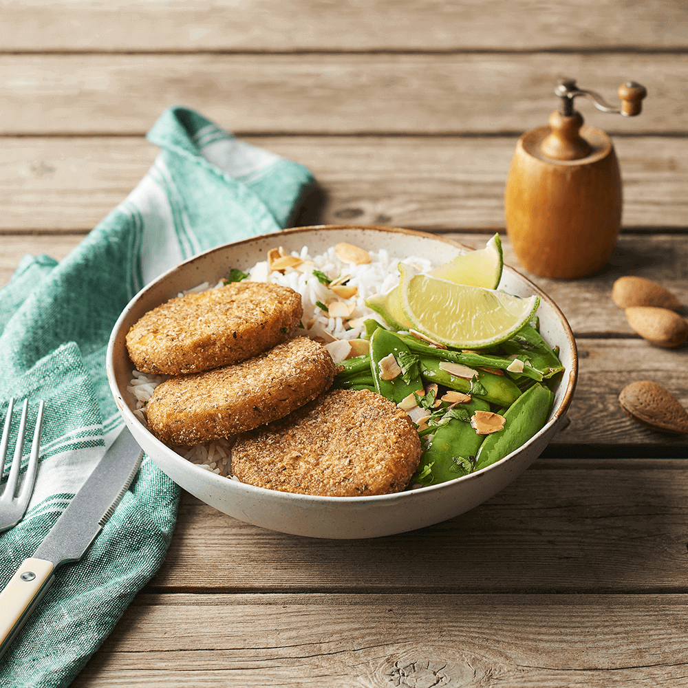 Miniburgers de batata-doce, ervilha e arroz