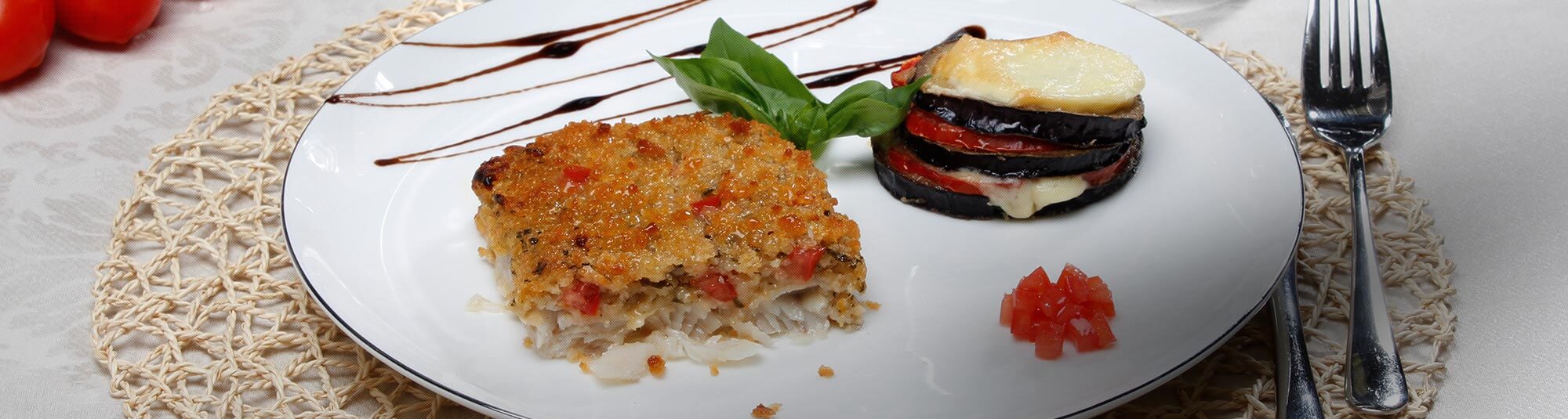 Gratinados de Peixe com Tomate, Mil-folhas de Beringela e Queijo Provolone Fumado